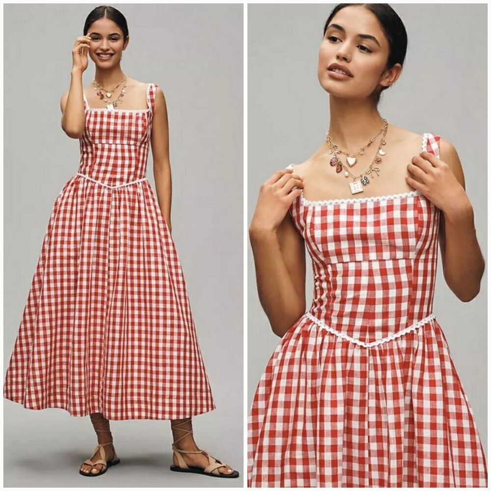 πWAYF x Styled Coco!π Gracie Gingham Linen-Blend Midi Dress Red Gingham XL NWT - Picture 1 of 16